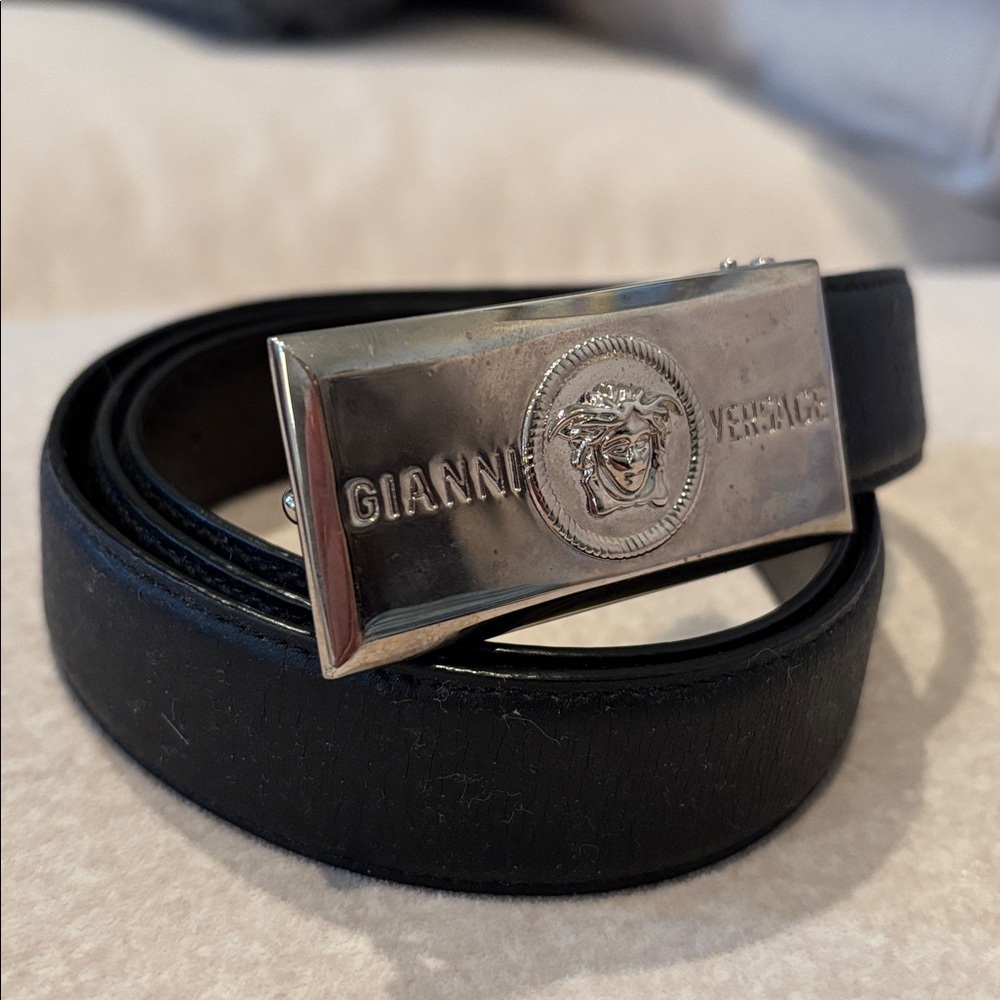 Gianni Versace Black Leather Belt with Medusa Buckle